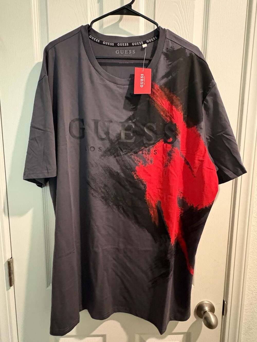 Guess Los Angeles BT PENN NT Logo Tee in Black with Red Paint Brush Graphic - Picture 1 of 6